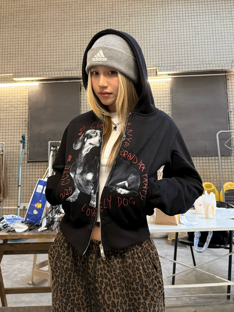 Dog Print Double Zip Hoodie CYE0066
