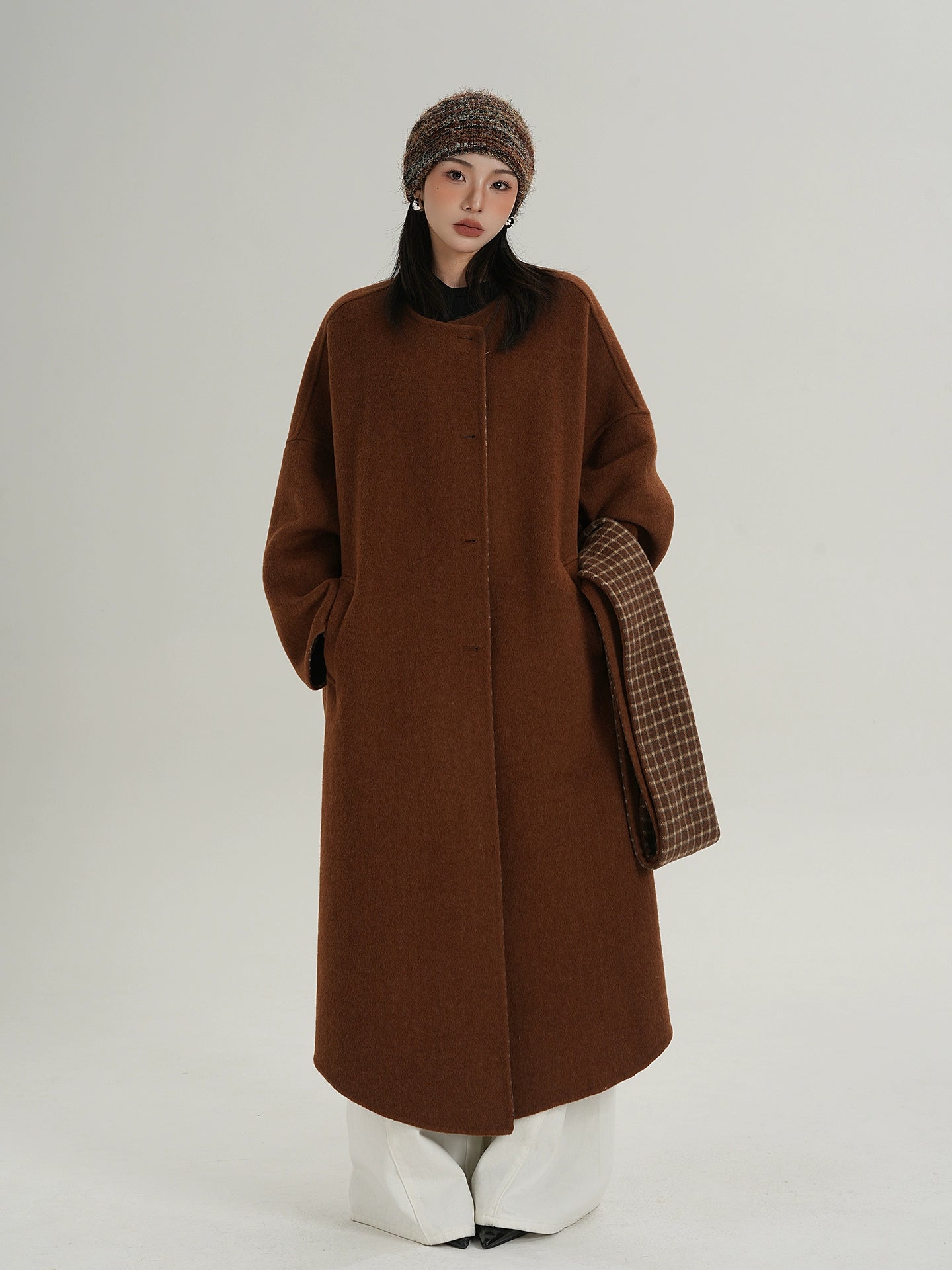 Collarless Coat with Checkered Scarf SRS0405
