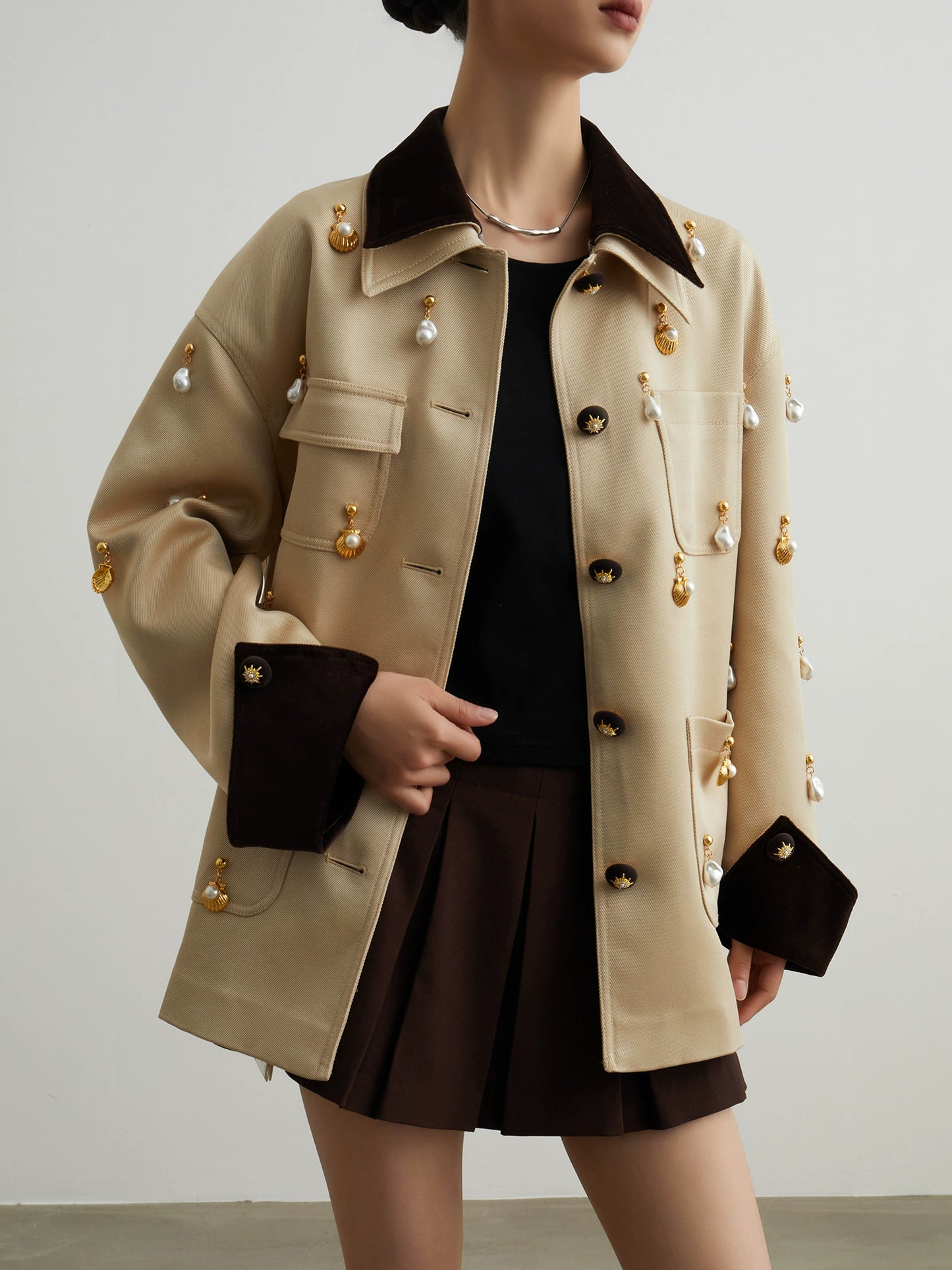 Pearl Satin Jacket / Brown Mini Skirt SUY0013