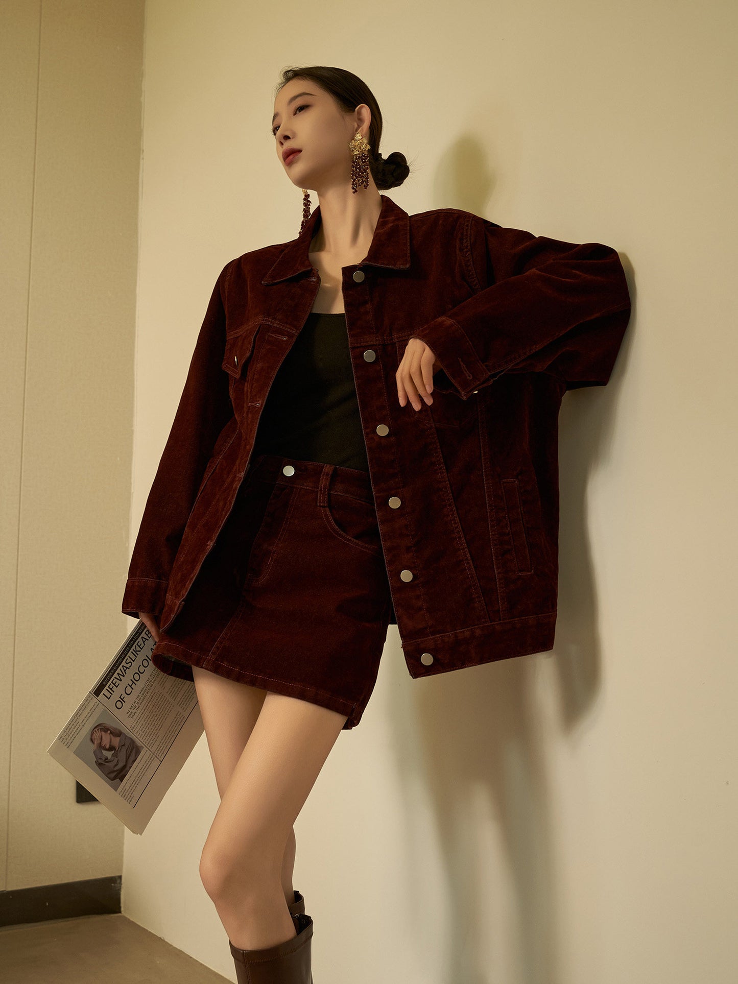 Wine Red Corduroy Jacket / Mini Skirt SUY0030