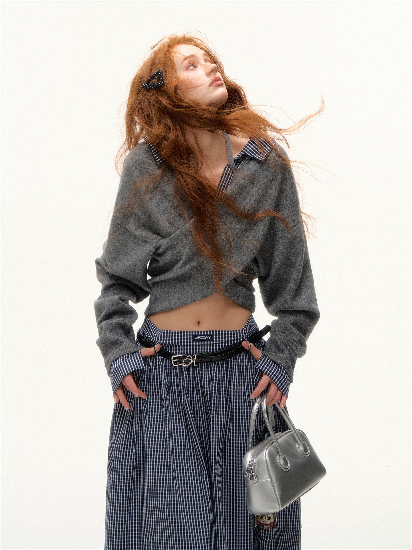 Front Wrap Knit Top/Gingham Check Skirt ASG0074