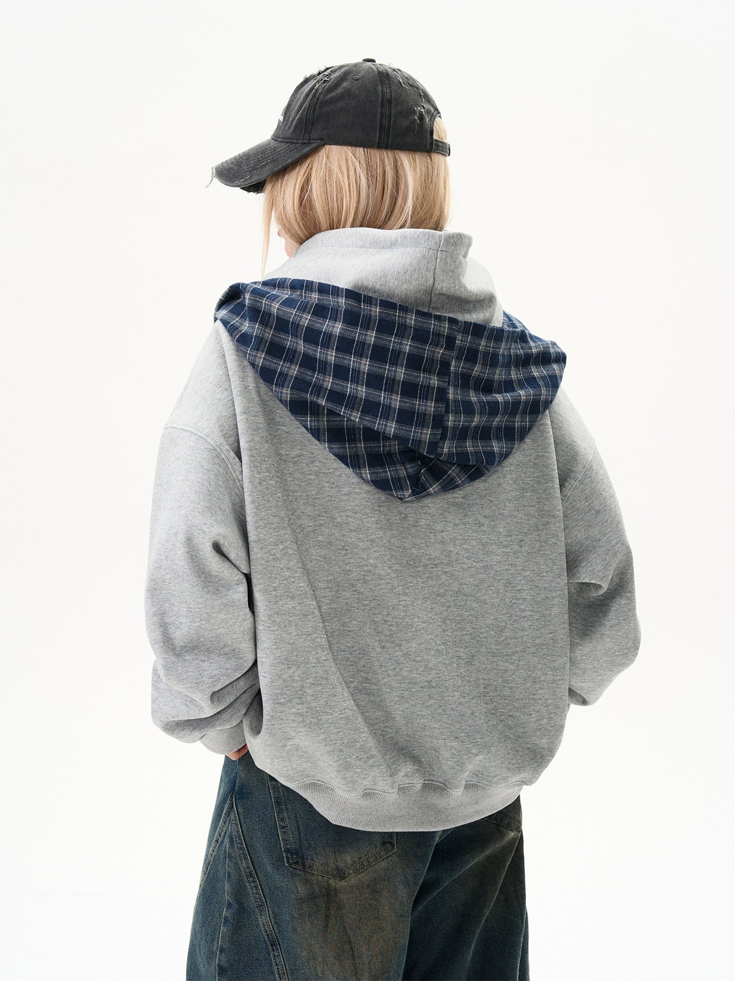 Checkered Shirt Layered Sweatshirt Hoodie MAD0012