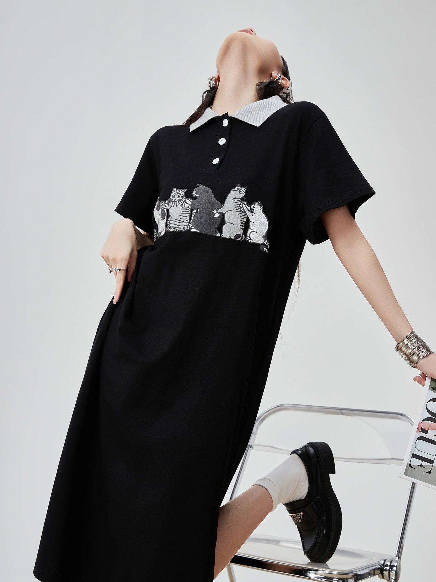 Cat Graphic Polo Long Dress FER0199