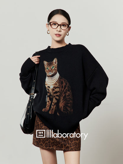 Cat Print Knit Top/Leopard Print Mini Skirt LLA0623