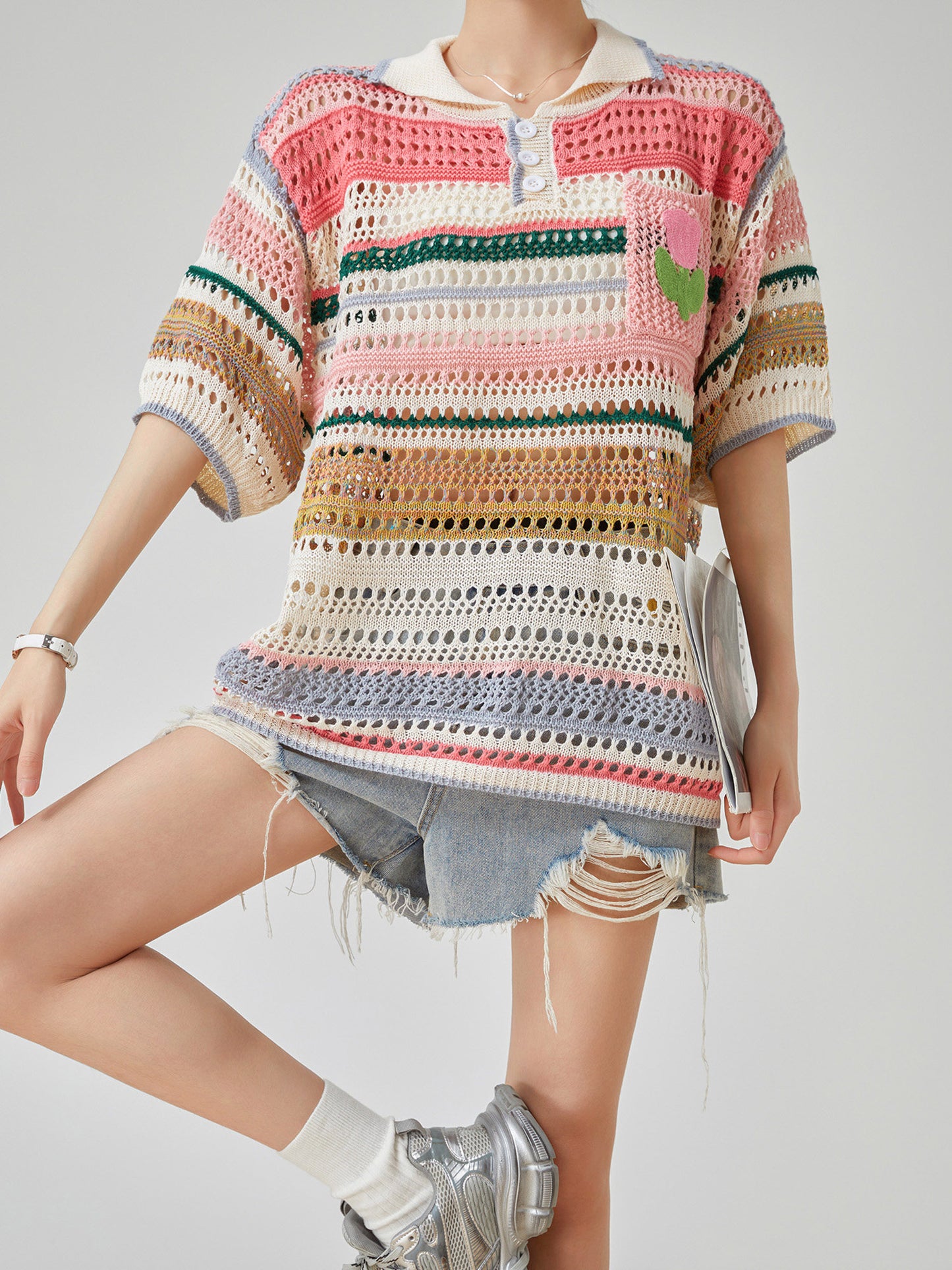 Multi-Border Openwork Polo Knit FER0224