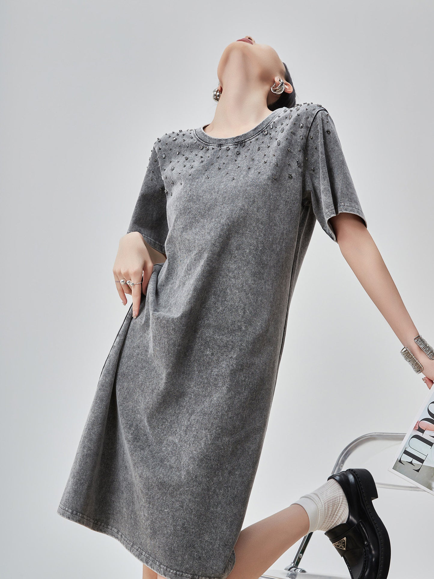 Chemical Wash Studs T-Shirt Dress FER0197