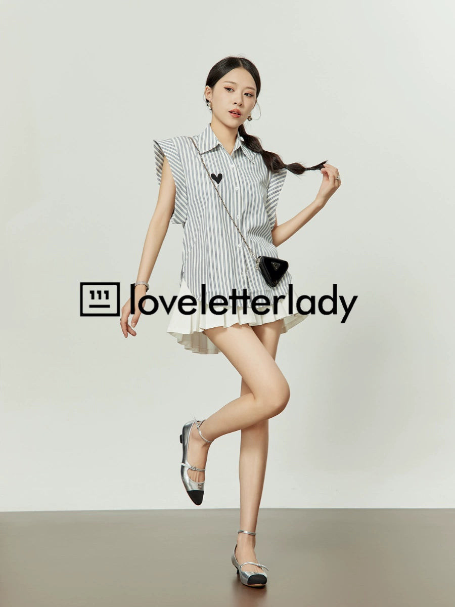 Heart Embroidered Striped Shirt / Flared Mini Skirt LLA0093