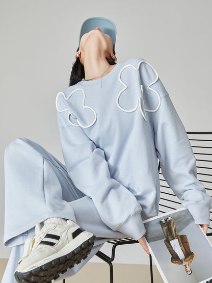 Floral Decorative Crewneck Pullover Top / Wide-Leg Pants FER0040