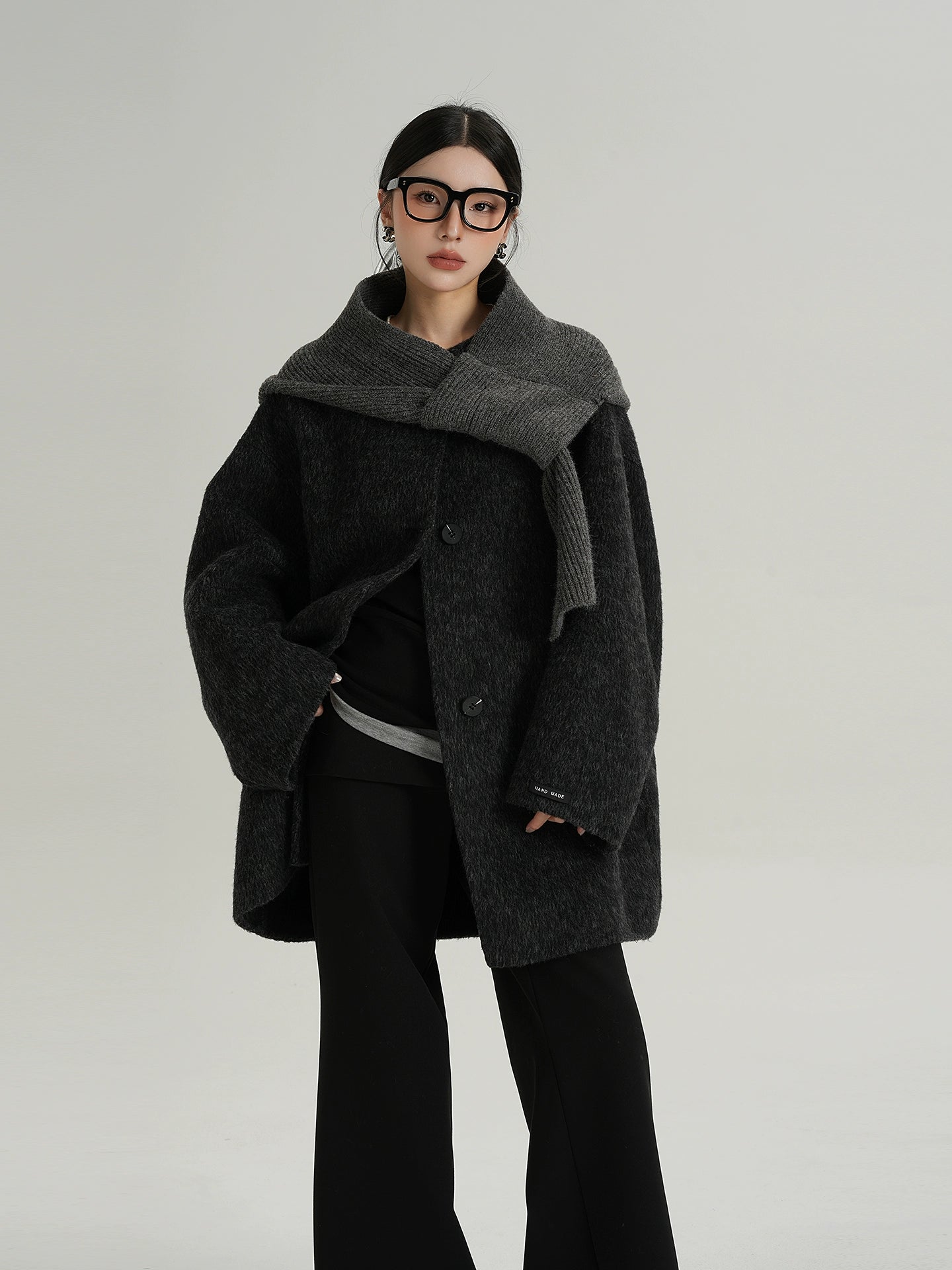 Hood Scarf Mid Length Wool Coat SRS0358