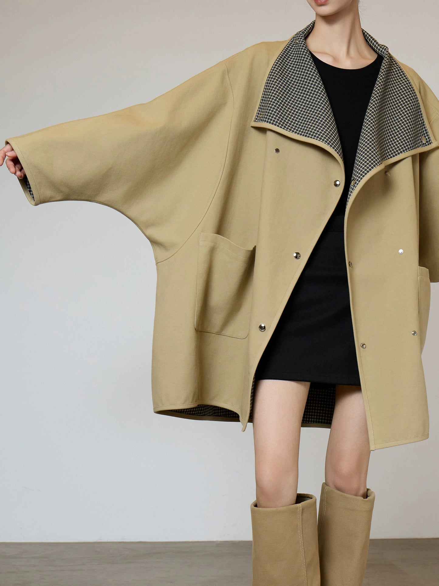 Khaki Plaid Patchwork Trench Coat  SUY0005