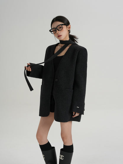Collarless Wool Coat with Choker SRS0393