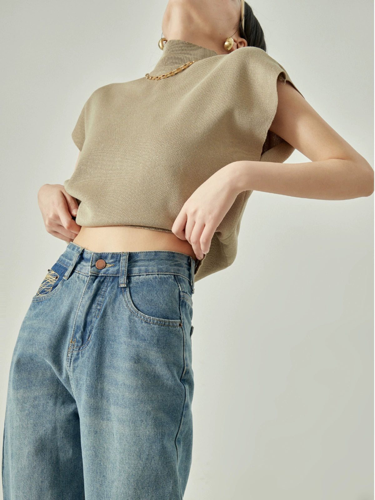 Short Sleeve High Neck Knit Sew / Denim Pants LLA0086