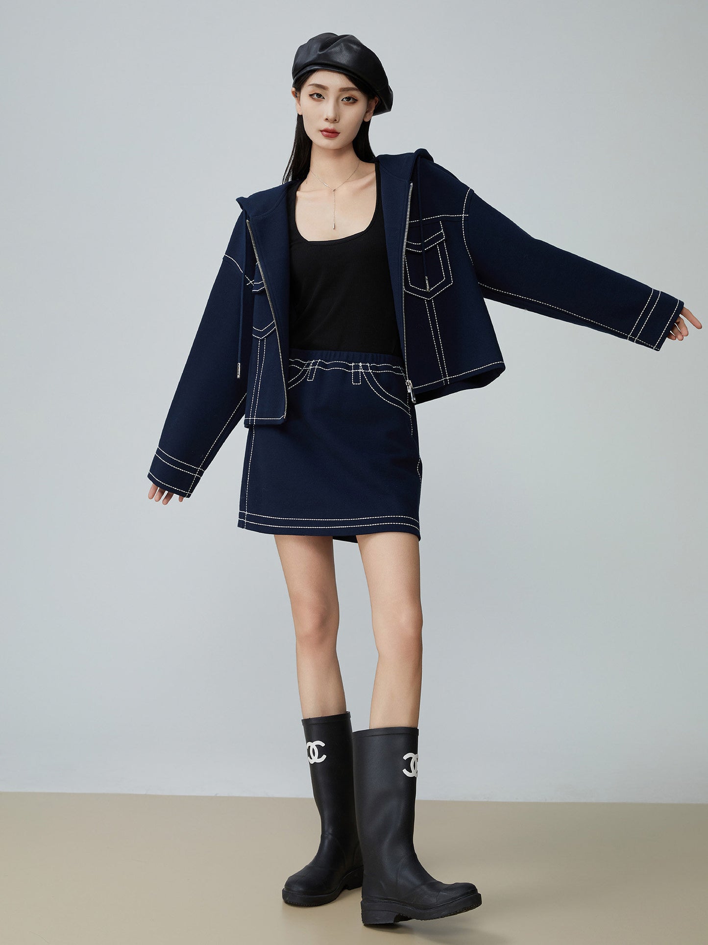 Denim-Style Zip Hoodie / Elastic Waist Mini Skirt FER0051