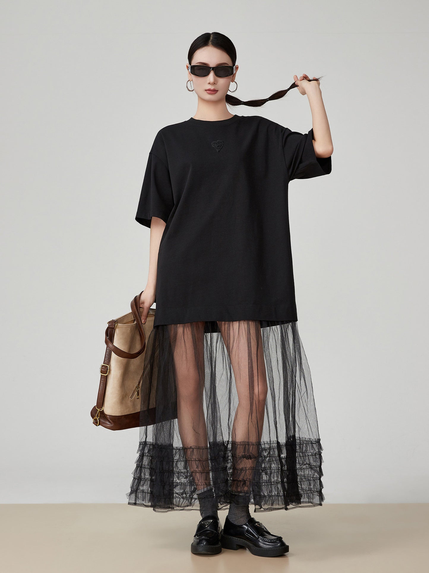 Black Patchwork Mesh T-Shirt Dress FER0055