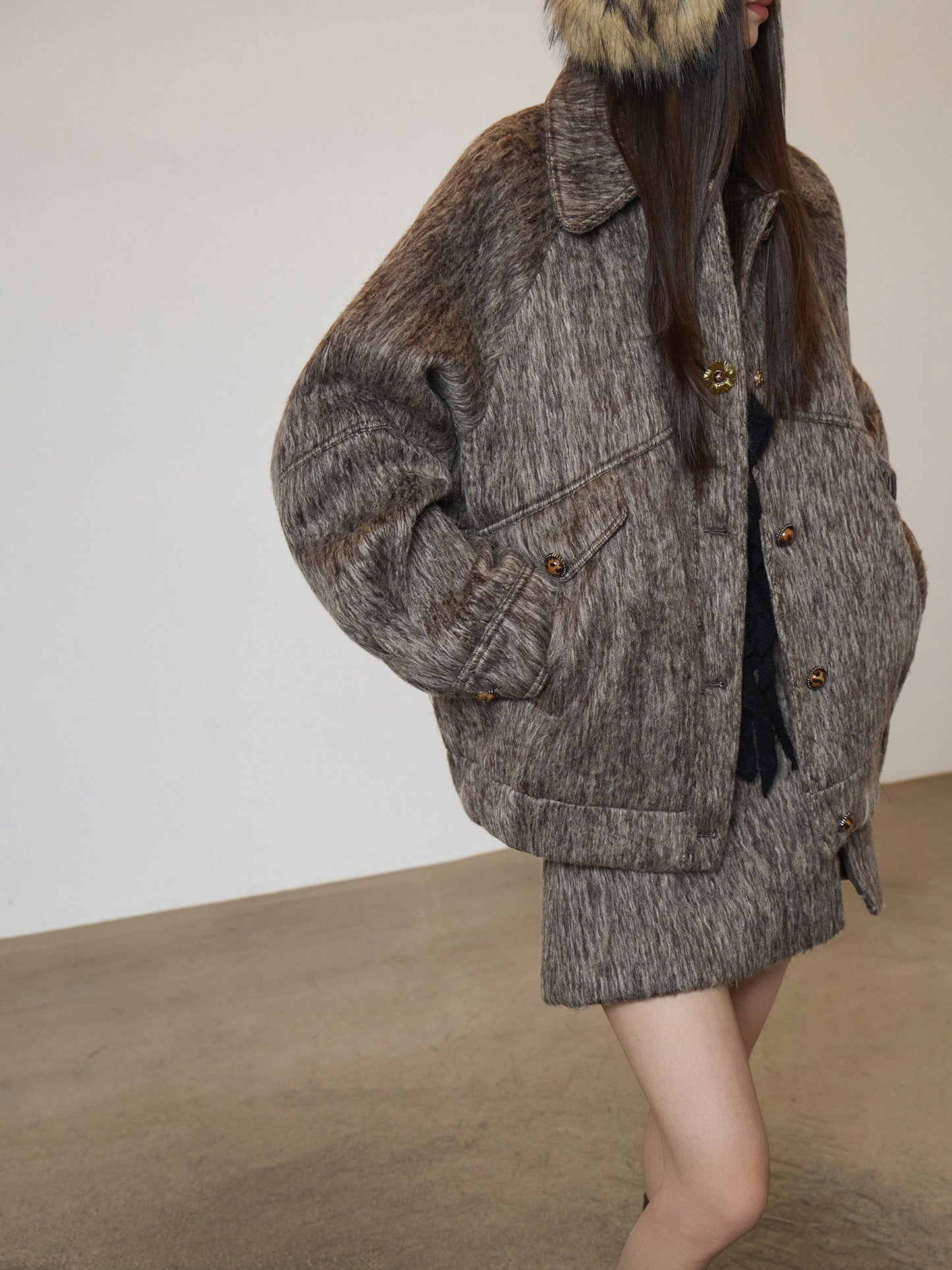 Vintage Mocha Brown Wool Jacket / Mini Skirt SUY0017