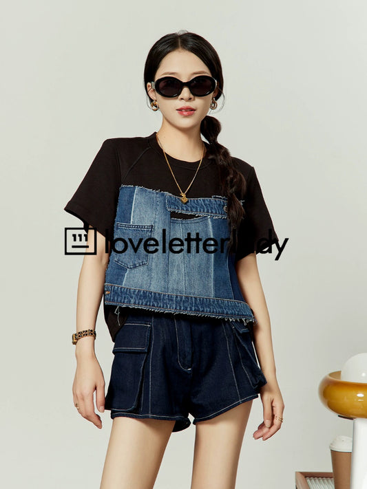 Denim Docking T-Shirt / High Waist Denim Pants LLA0100