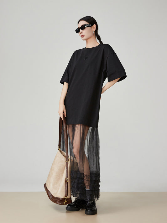 Black Patchwork Mesh T-Shirt Dress FER0055