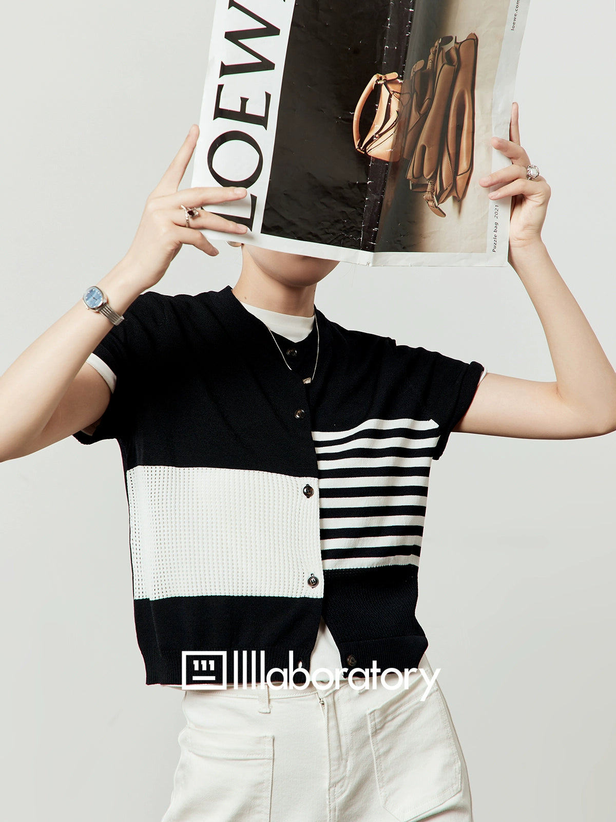 Color Block Stripe Knit / White Denim Pants LLA0496