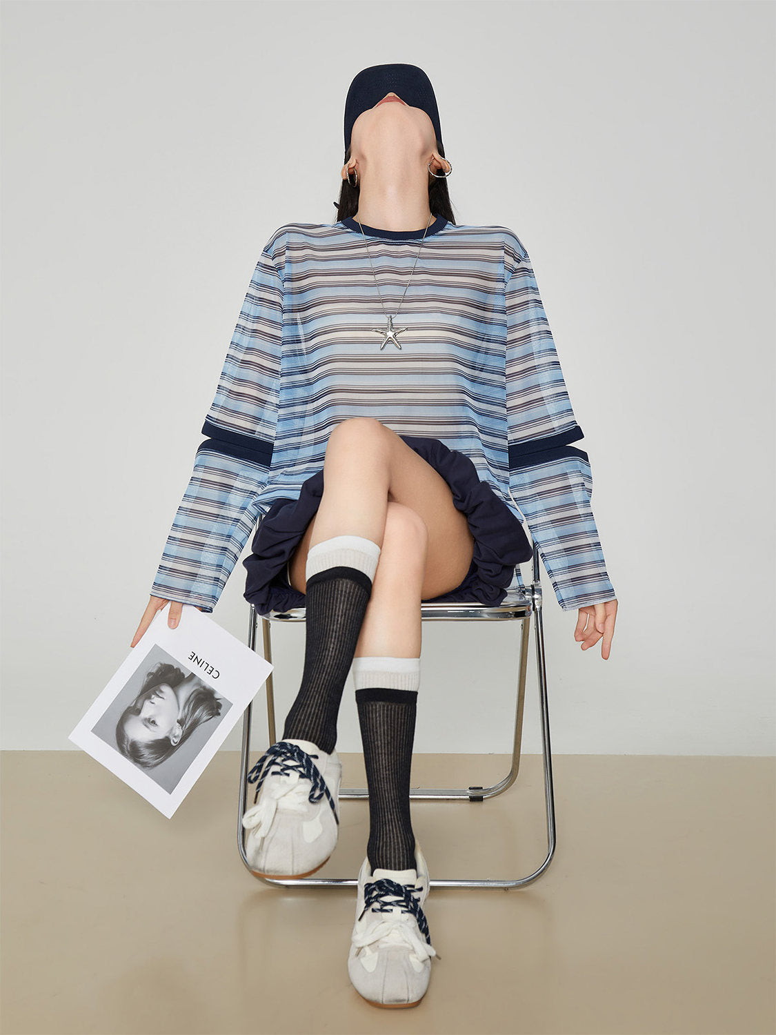 Striped Mesh Long-Sleeve T-Shirt FER0362