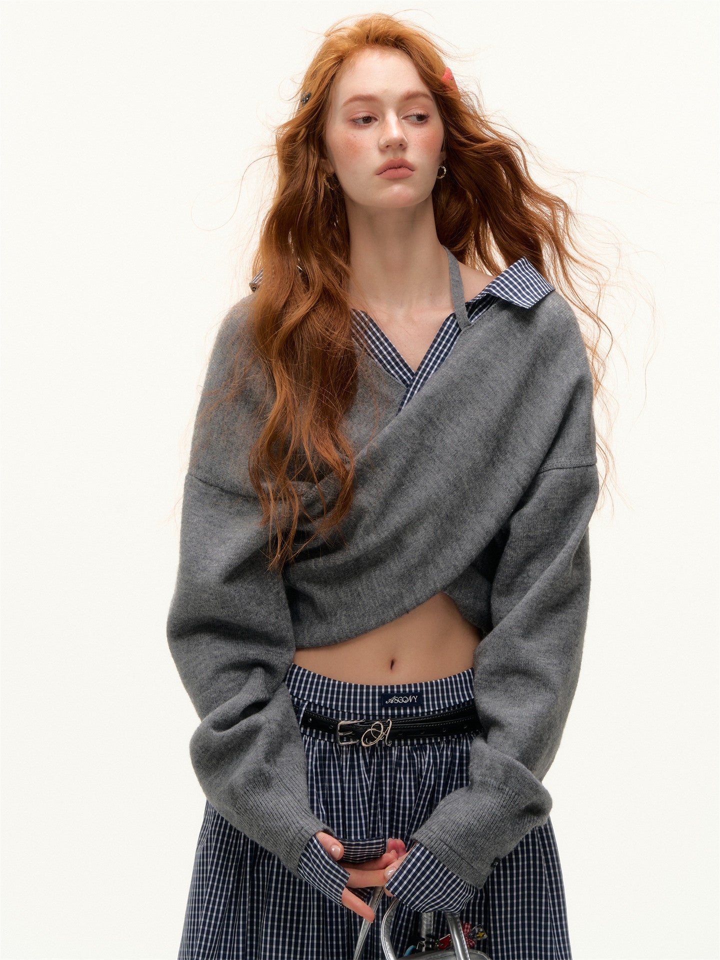 Front Wrap Knit Top/Gingham Check Skirt ASG0074