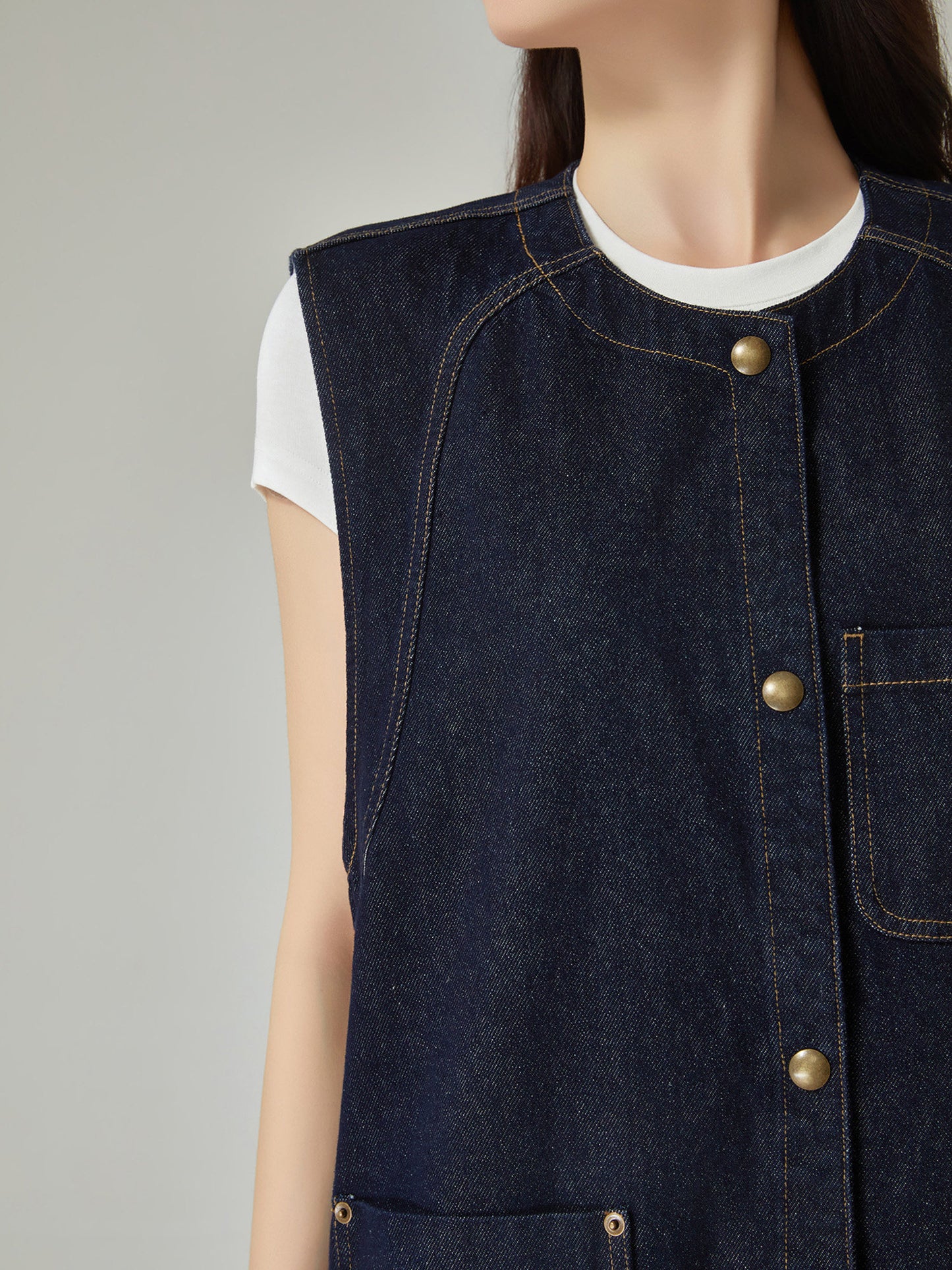 Collarless Denim Vest / Denim Wide Pants FER0144