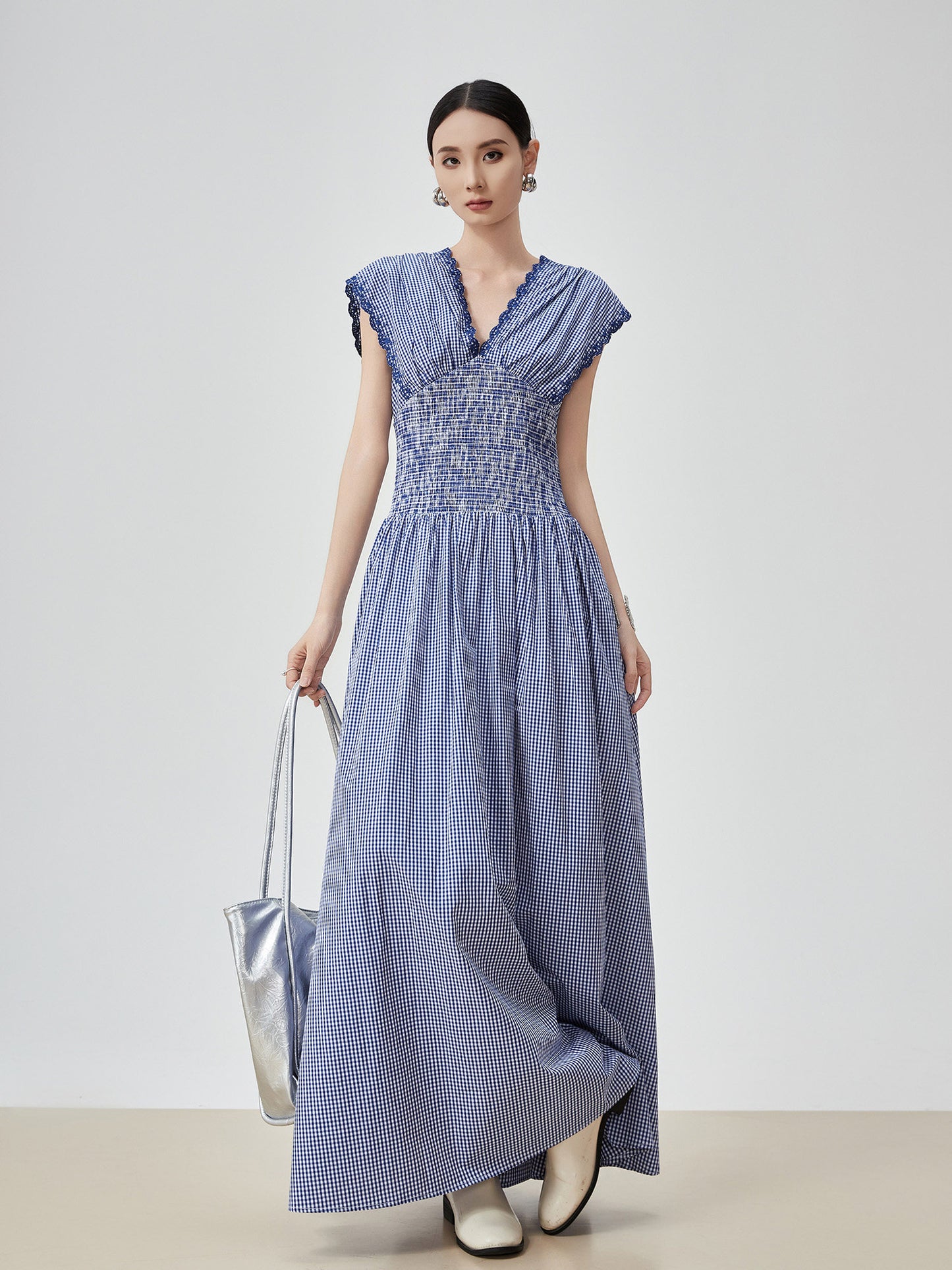 Gingham Check Shirring Long Dress FER0249