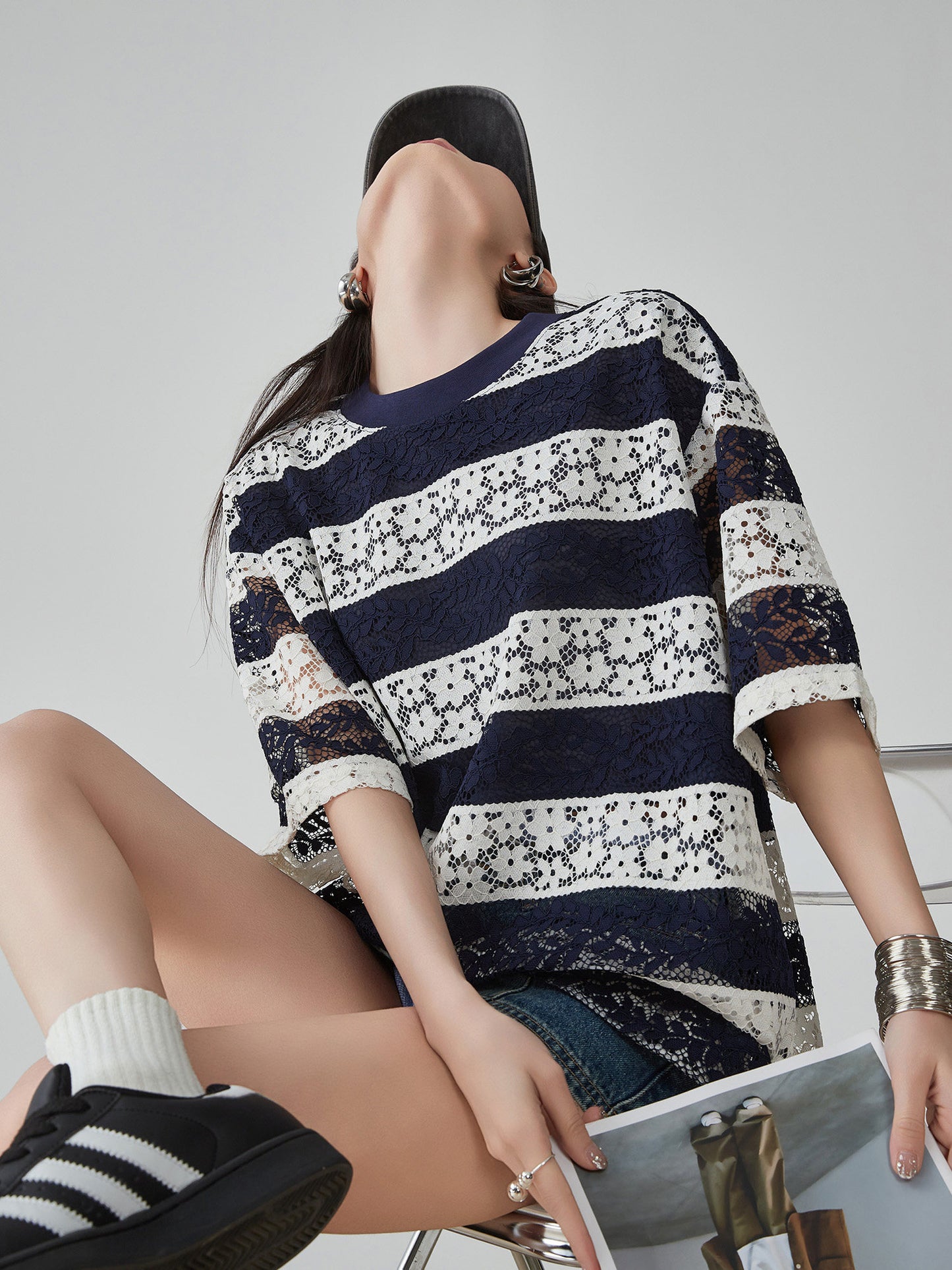Sheer Lace Border Oversized T-Shirt FER0237