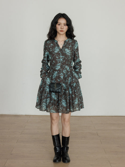 V-neck Flower Print Mini Dress VAS0211