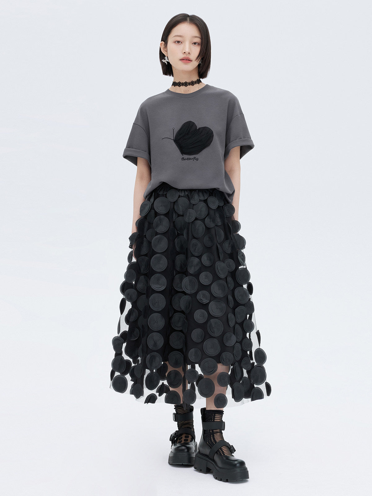 Patch Embroidered Flared Mesh Skirt SHN0003