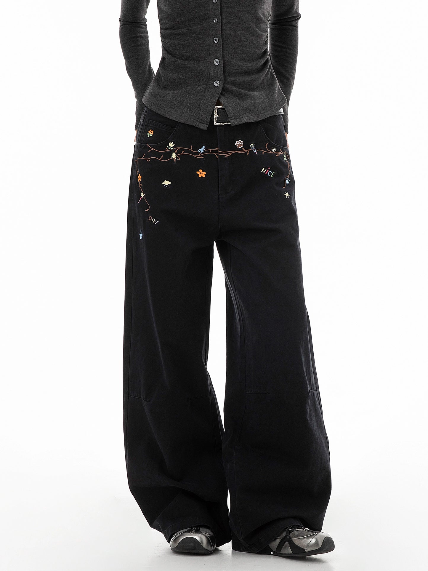 Floral Embroidery Wide Denim Pants ICM0116