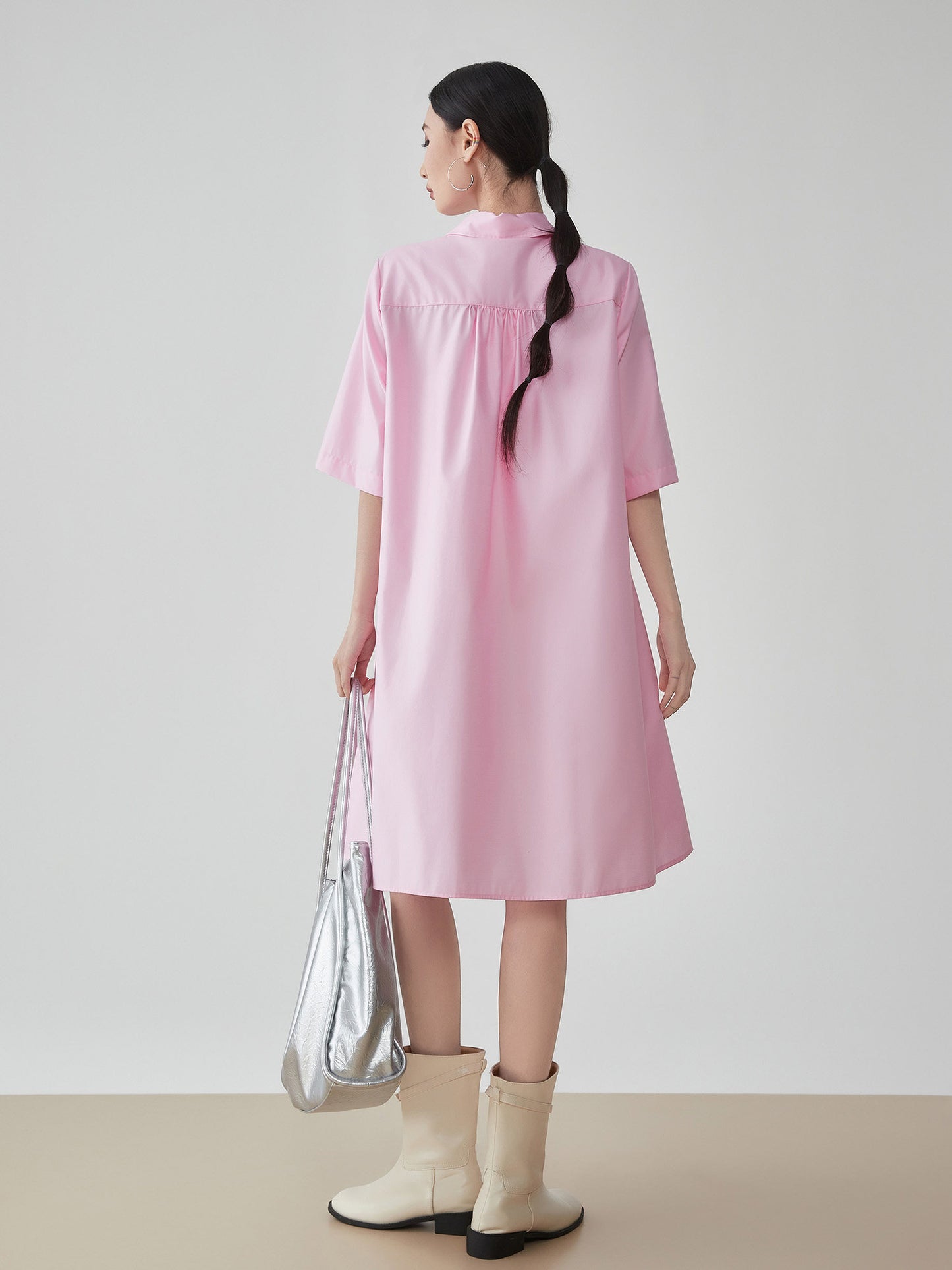 Pink Short-Sleeve Shirt Dress FER0175