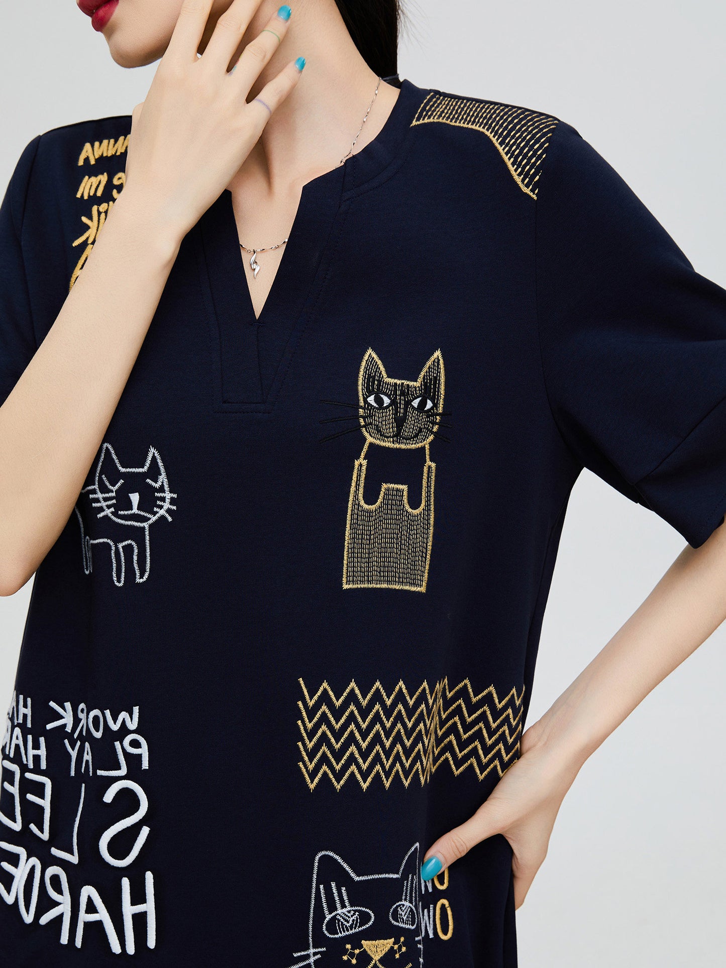 Cat Embroidery Key Neck Dress FER0221