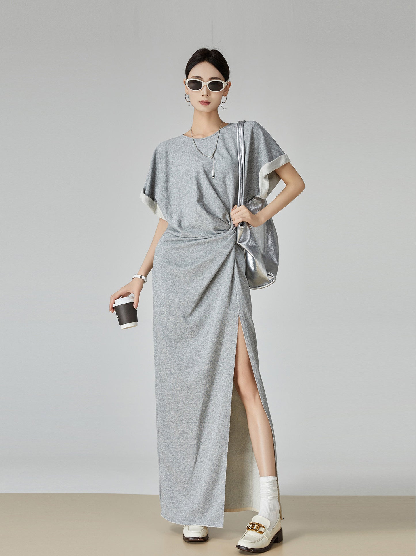 Gray Irregular Short-Sleeve Dress FER0049