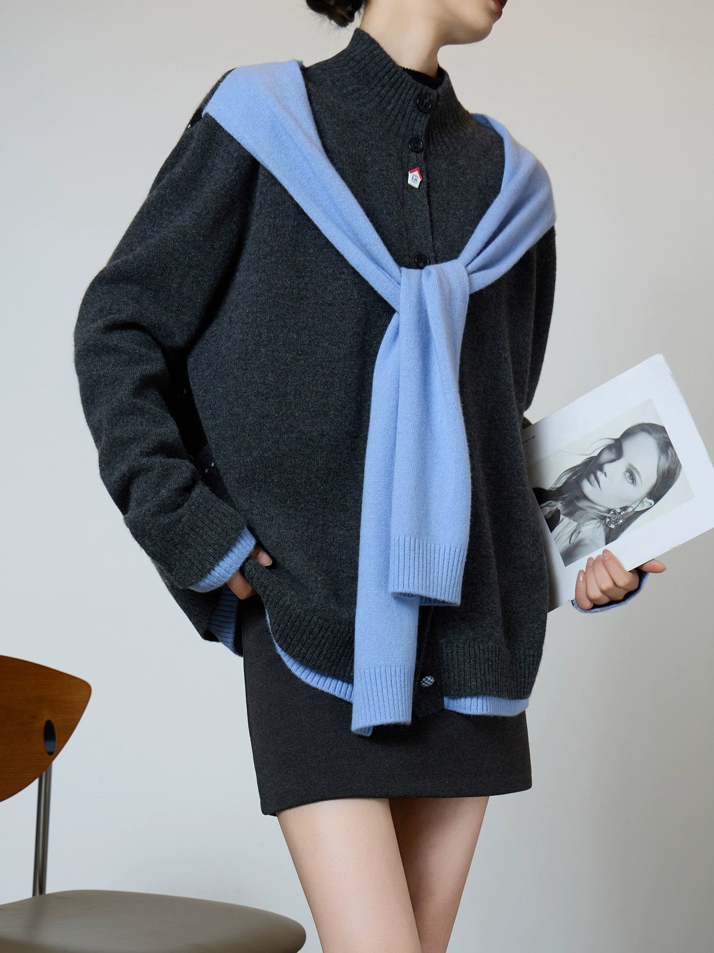 Gray Blue Color Block Design Knit SUY0002