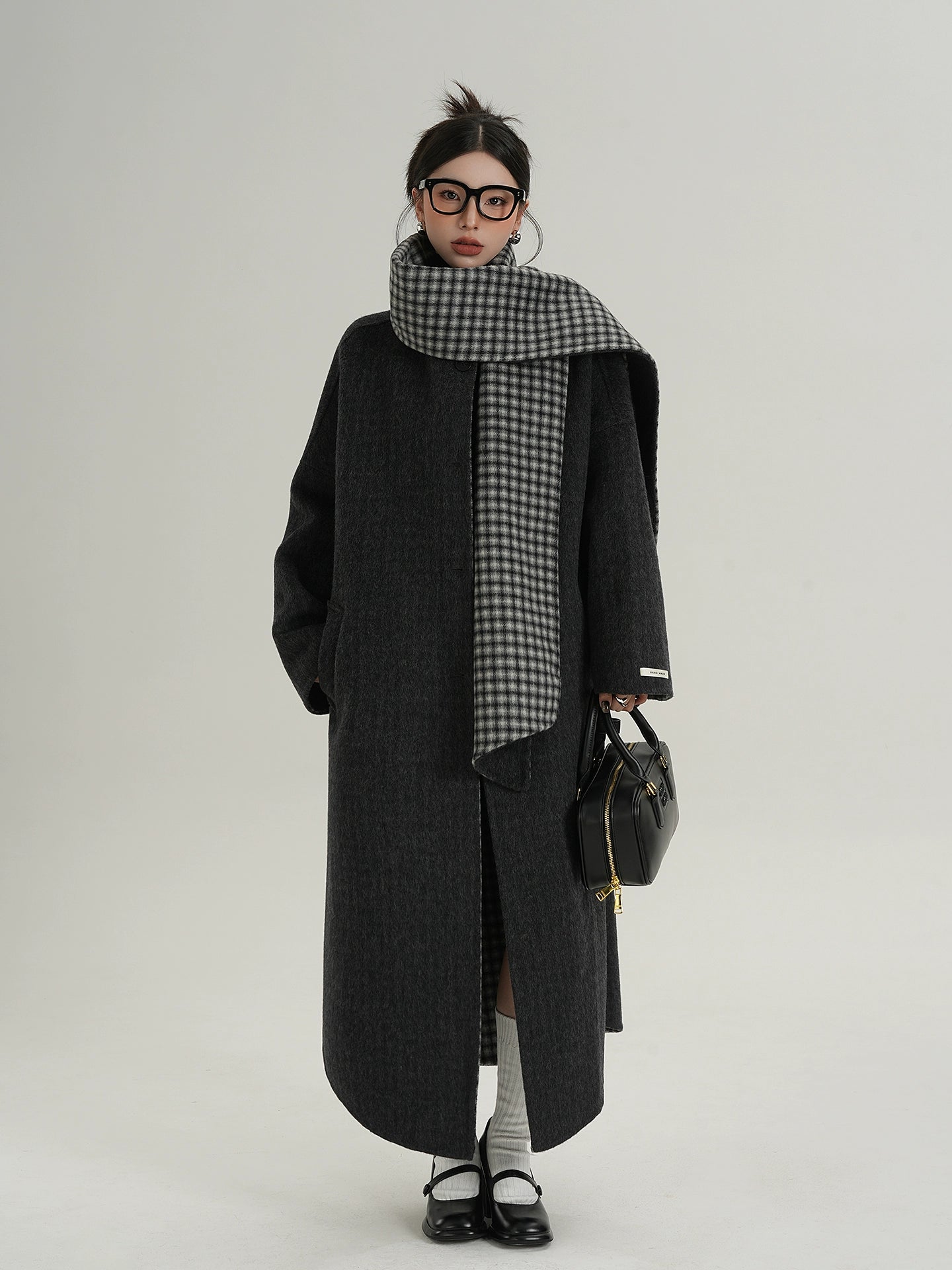 Collarless Coat with Checkered Scarf SRS0405