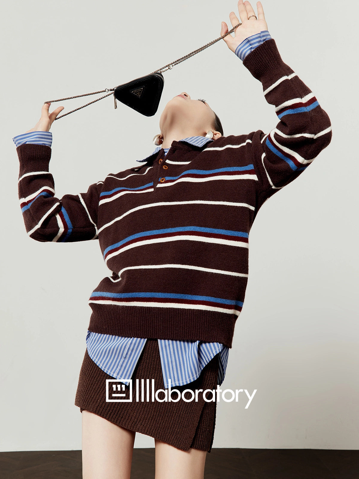 Polo Collar Coffee Knit/Blue Striped Shirt/Brown Knit Skirt LLA0540