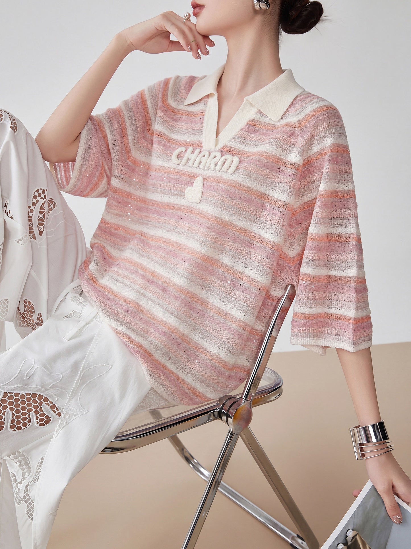 Sheer Border Pattern Polo Sweater FER0351