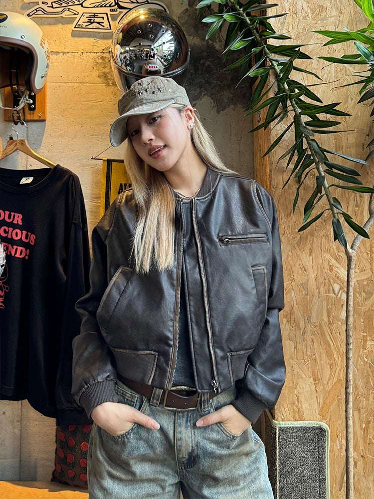 Vintage Cropped Leather Jacket CYE0005