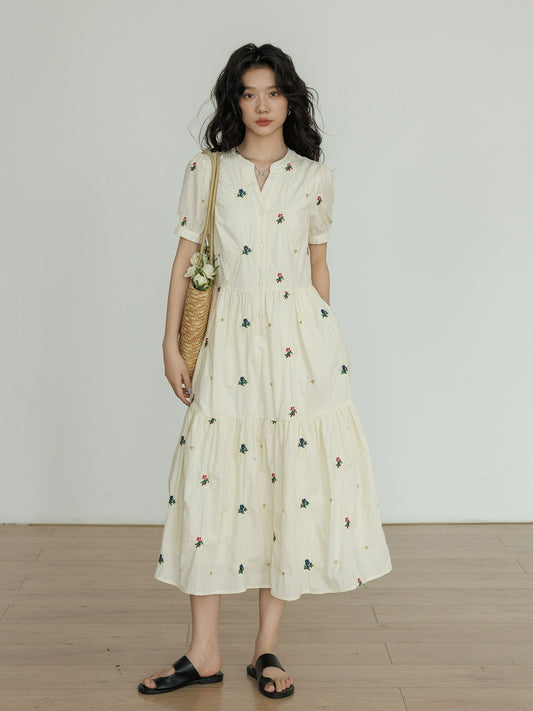 Apricot Flower Embroidery Tiered Long Dress VAS0022