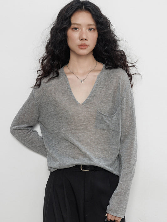 V-neck Shoulder Long Sleeve Knit VAS0208