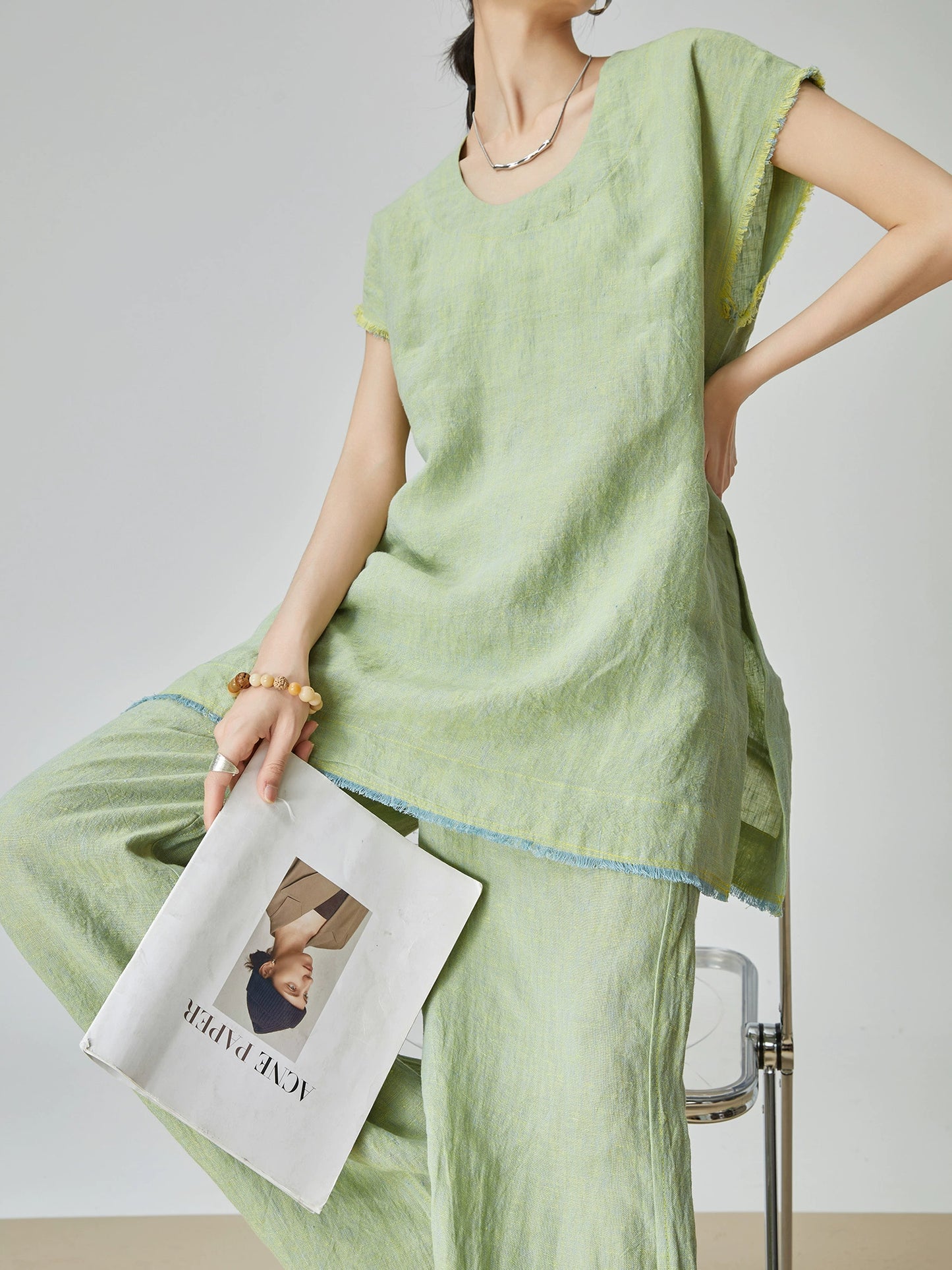 Green Linen Loose Tops / Long Pants FER0007