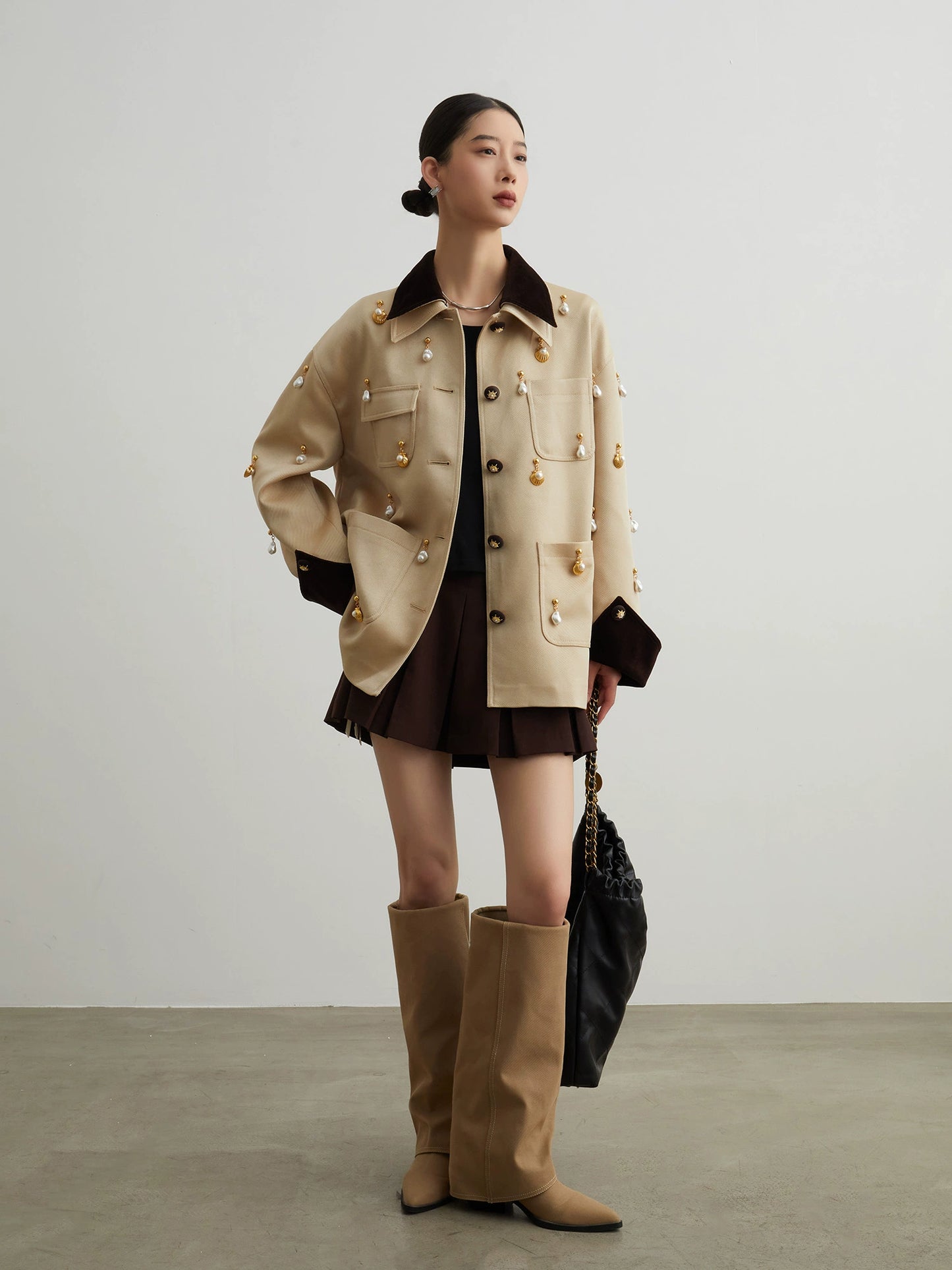 Pearl Satin Jacket / Brown Mini Skirt SUY0013