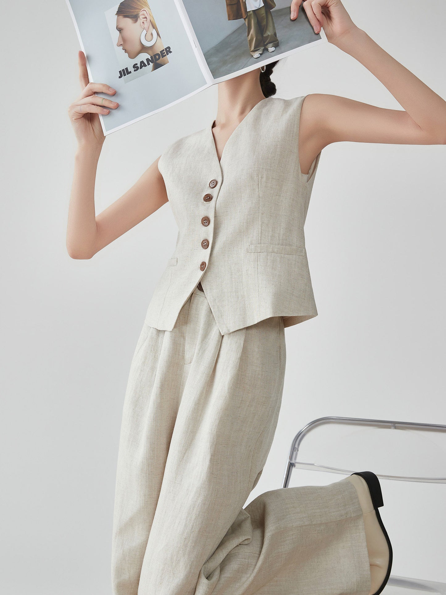Linen V-Neck Vest / Wide Relaxed Pants FER0270