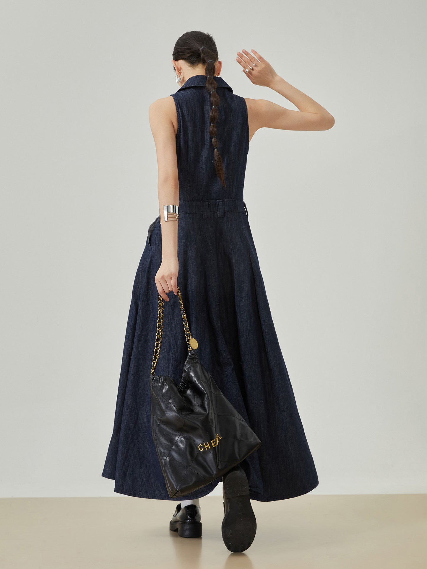 Gold Button Denim Sleeveless Dress FER0132