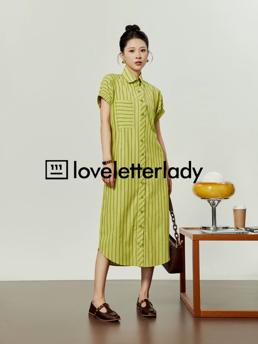 Yellow Green Striped Shirt Dress LLA0058