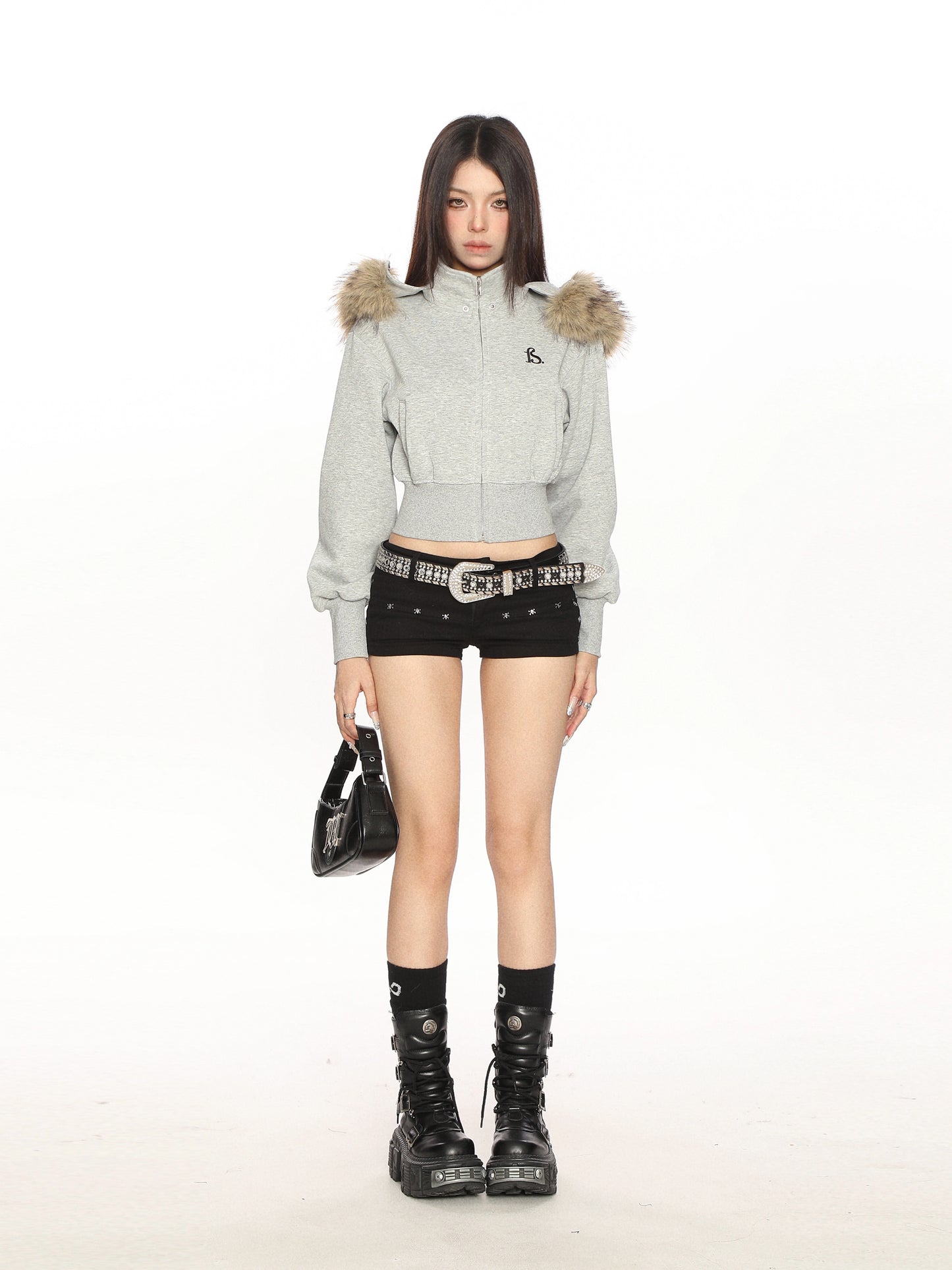 Fur Cropped Zip Up Hoodie BGS0013