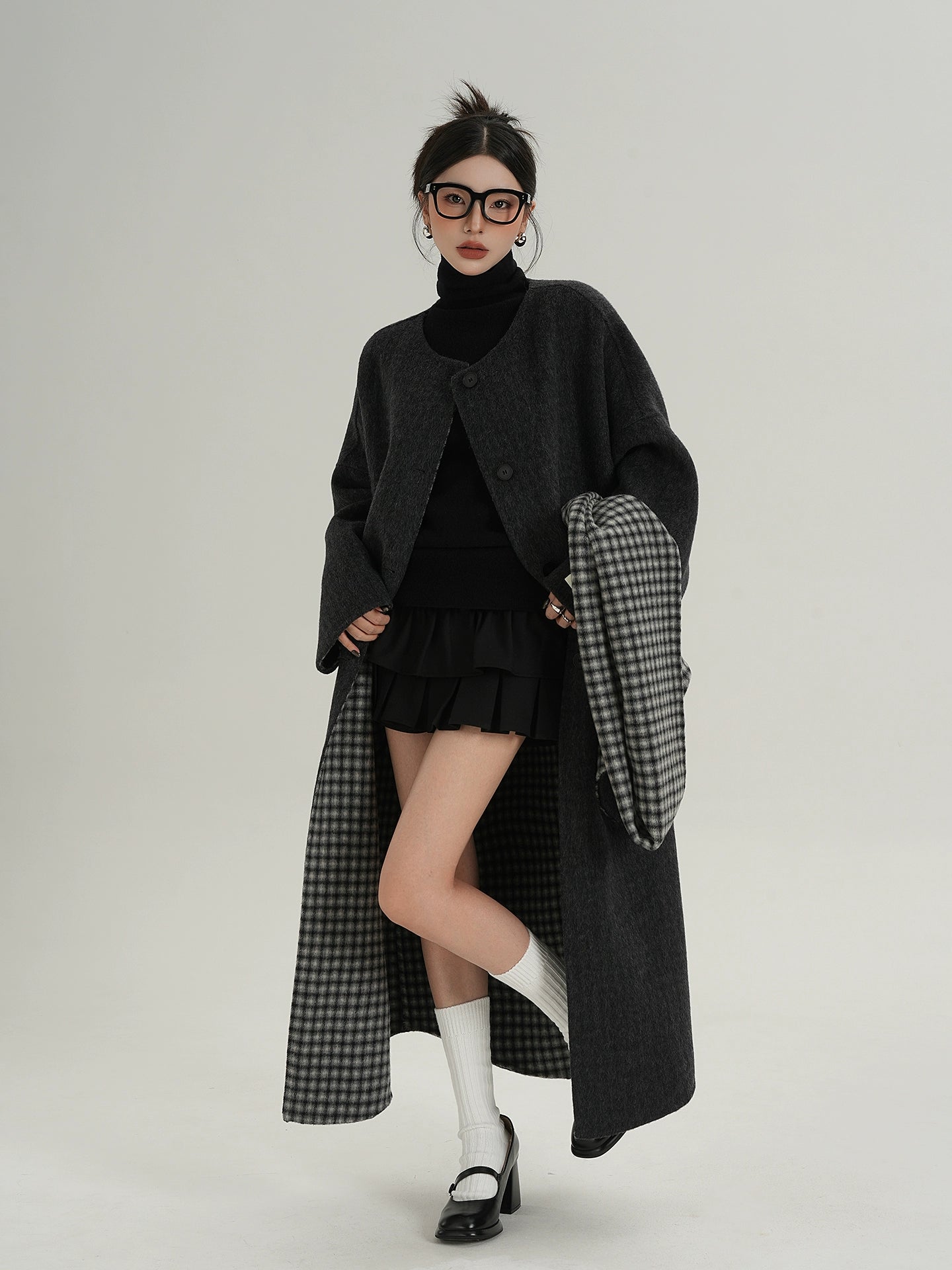 Collarless Coat with Checkered Scarf SRS0405