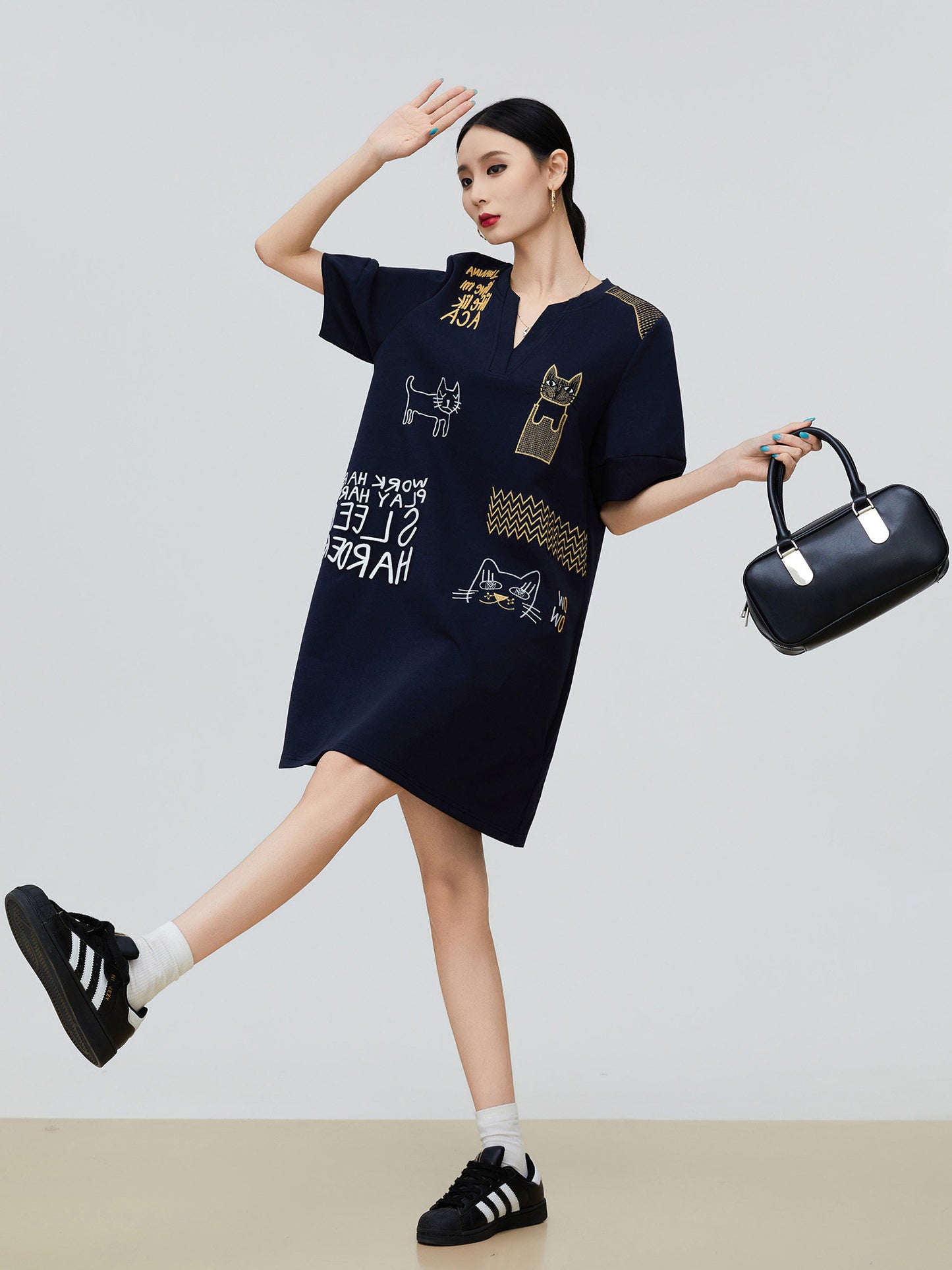 Cat Embroidery Key Neck Dress FER0221