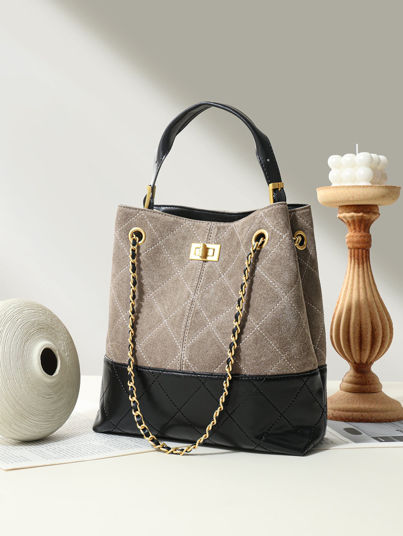 Suede & Leather Quilted Chain Bag ABB0003