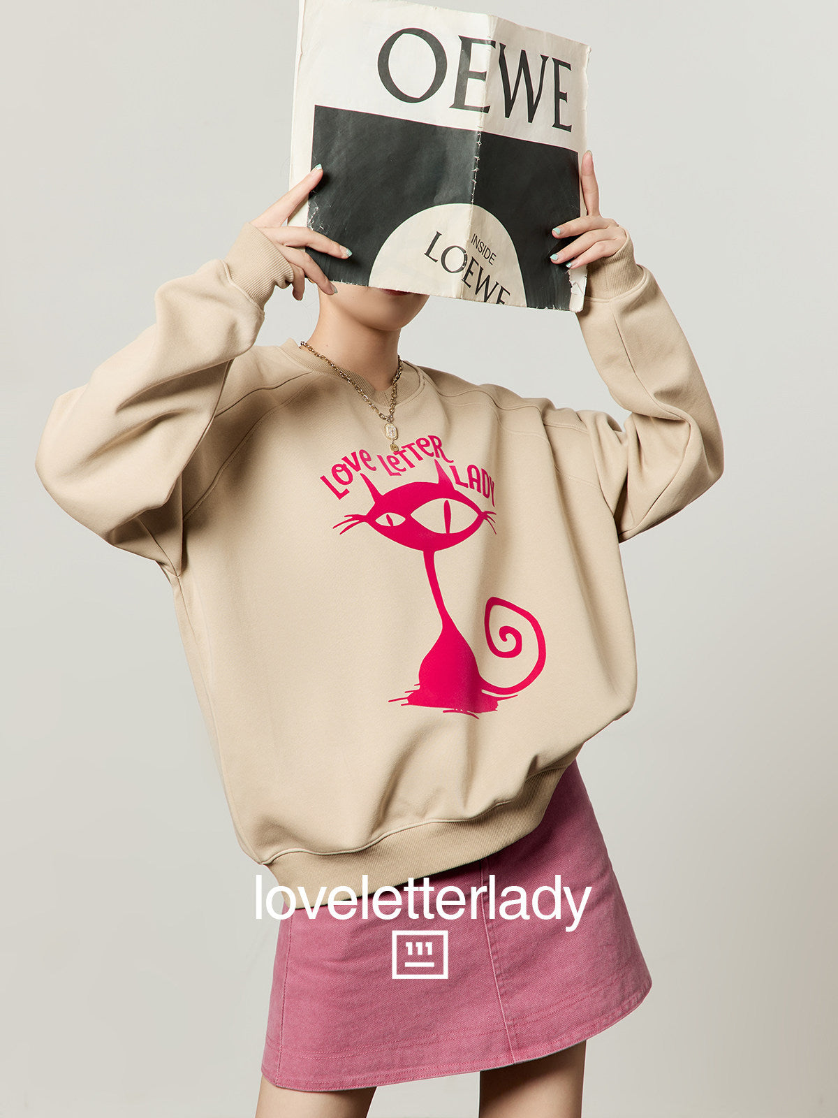 Cute Cat Print Sweatshirt / Pink Mini Skirt LLA0654